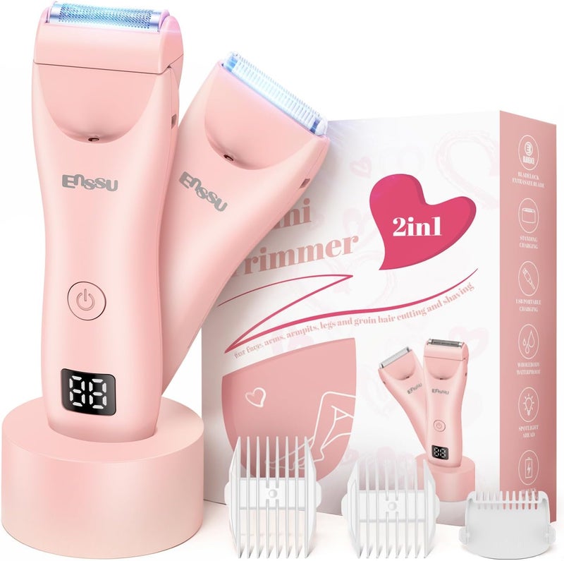 ENSSU Bikini Trimmer for Women - 2 in 1 Pubic Hair Trimmer IPX7 Waterproof, Razors for Women with LED Light & USB Charge, Painless Electric Shaver with Ceramic Blade for Bikini Legs Arm Underarm - Image 1